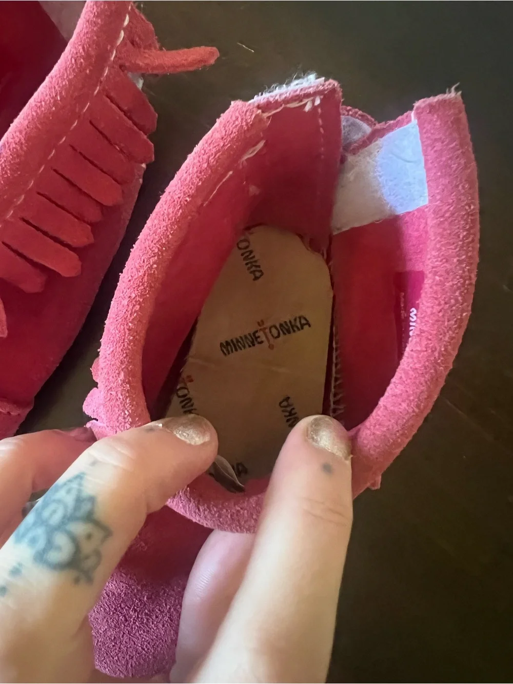 Minnetonka Coral Suede Fringe Moccasins for Kids